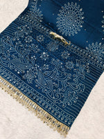 Premium Japan Satin Semi Gajji Silk Bandhani Saree with Peacock Pallu &amp; Mirror Lace Border