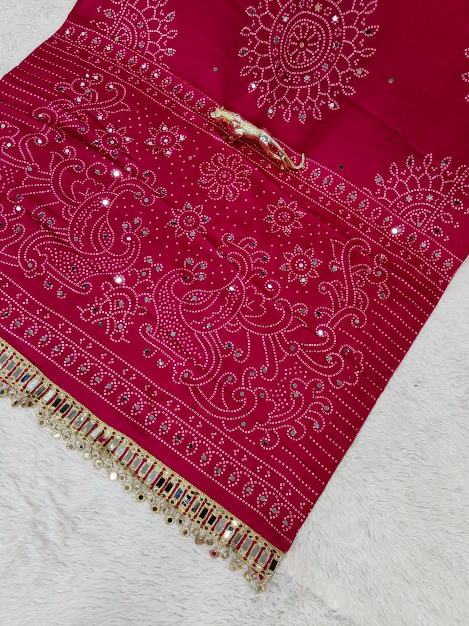 Premium Japan Satin Semi Gajji Silk Bandhani Saree with Peacock Pallu &amp; Mirror Lace Border