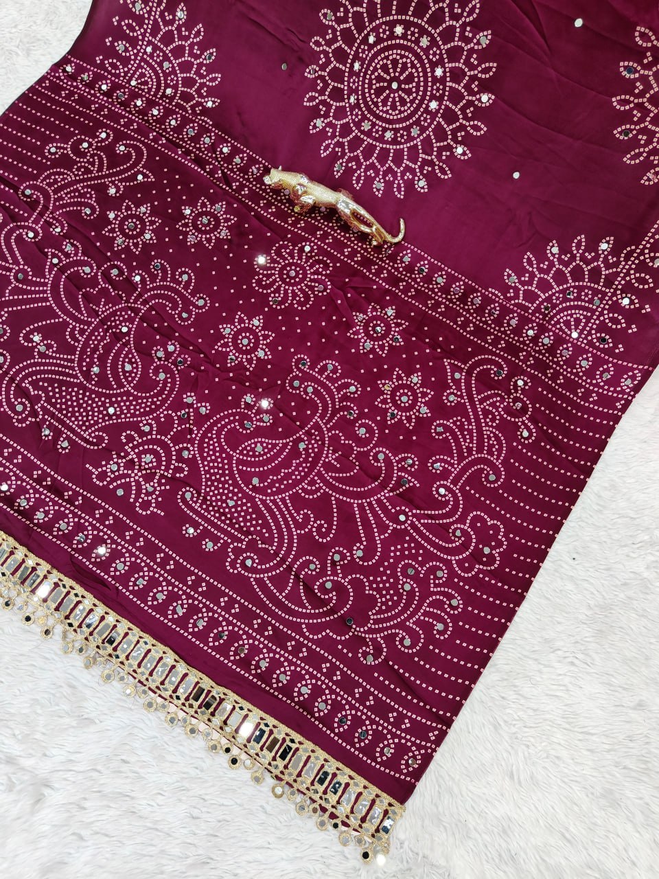 Premium Japan Satin Semi Gajji Silk Bandhani Saree with Peacock Pallu &amp; Mirror Lace Border