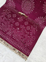 Premium Japan Satin Semi Gajji Silk Bandhani Saree with Peacock Pallu &amp; Mirror Lace Border