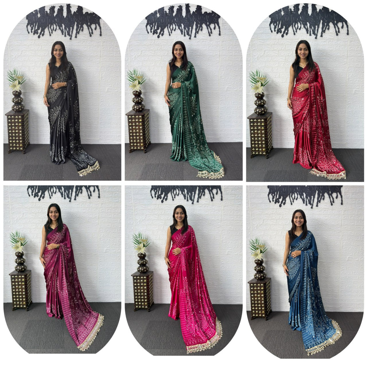 Premium Japan Satin Semi Gajji Silk Bandhani Saree with Peacock Pallu &amp; Mirror Lace Border