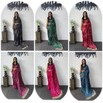 Premium Japan Satin Semi Gajji Silk Bandhani Saree with Peacock Pallu &amp; Mirror Lace Border