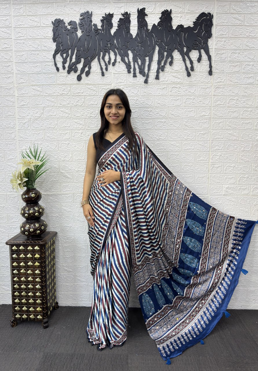 Japan Satin Silk Saree with Real Mirror Work &amp; Viscose Latkan Pallu Border&nbsp;