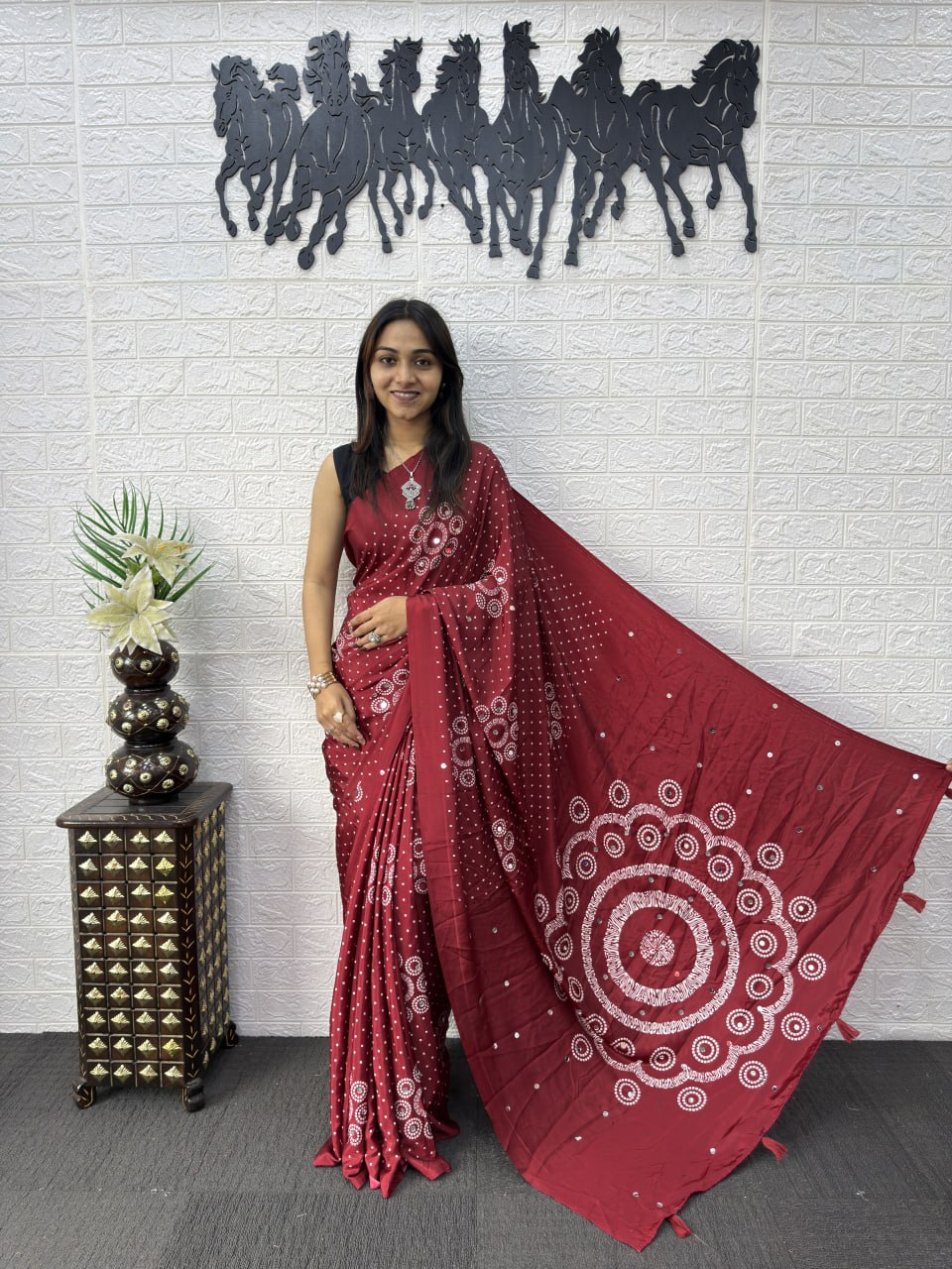 Japan Satin Silk Saree with Heavy Real Mirror Work &amp; Viscose Latkan Pallu Border