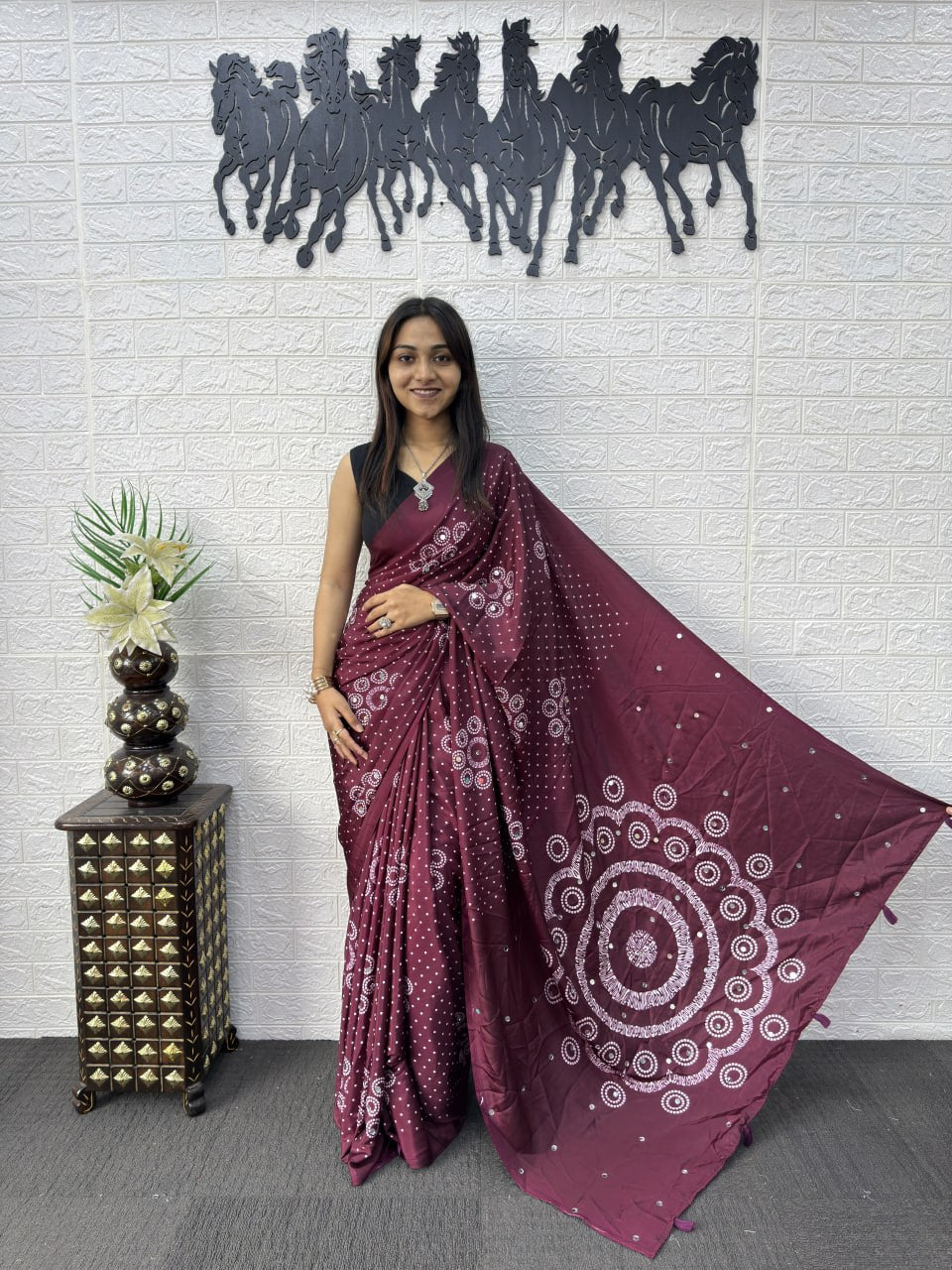 Japan Satin Silk Saree with Heavy Real Mirror Work &amp; Viscose Latkan Pallu Border