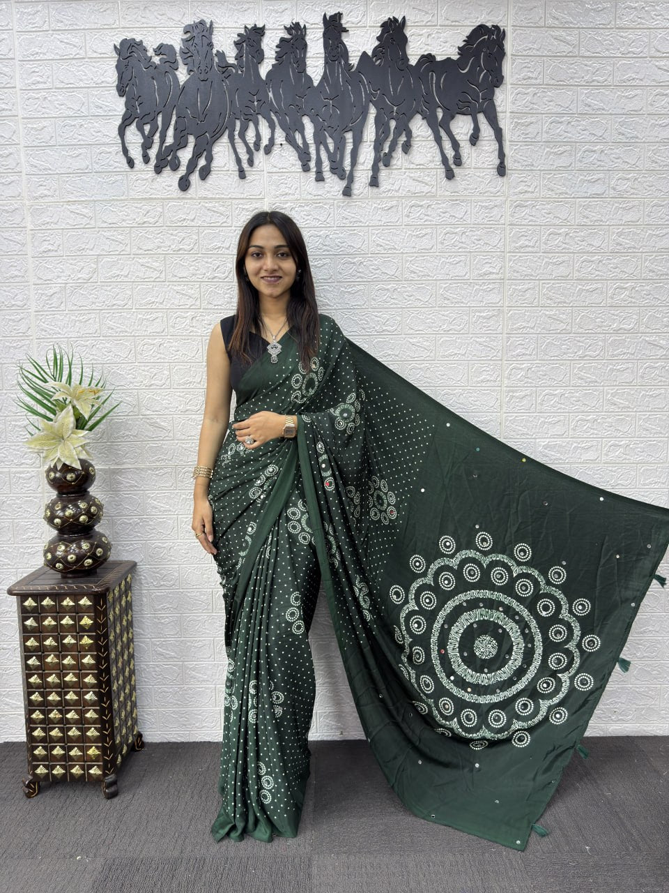 Japan Satin Silk Saree with Heavy Real Mirror Work &amp; Viscose Latkan Pallu Border