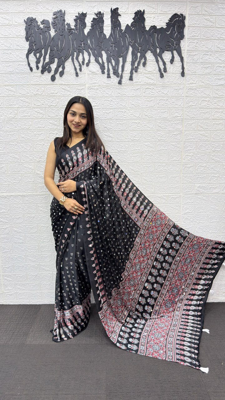 Japan Satin Semi Gajji Silk Saree with Heavy Real Mirror Work &amp; Viscose Latkan Pallu Border