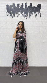 Japan Satin Semi Gajji Silk Saree with Heavy Real Mirror Work &amp; Viscose Latkan Pallu Border