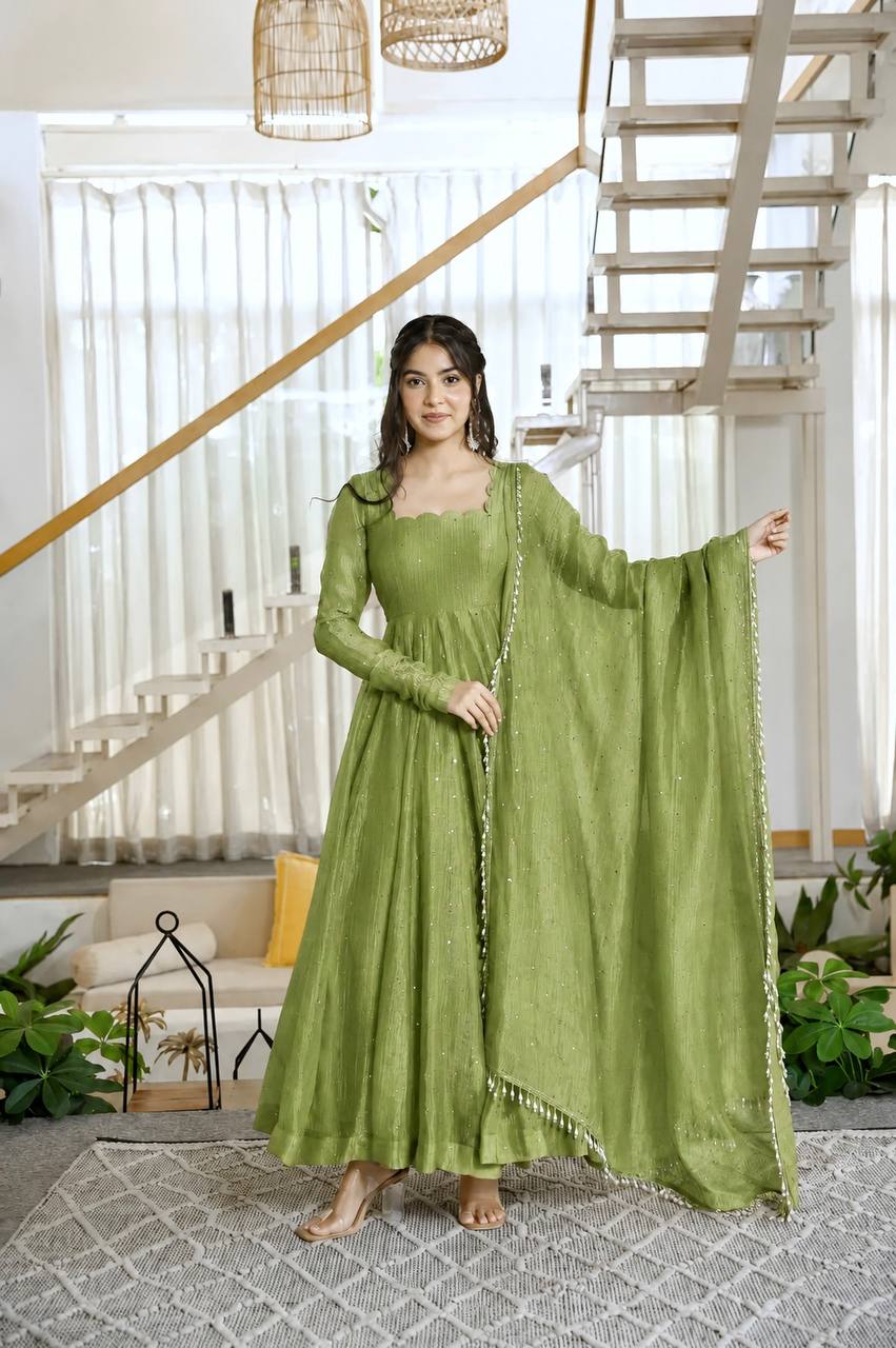 Designer Salsa Silk Gown with Pent & Dupatta Set