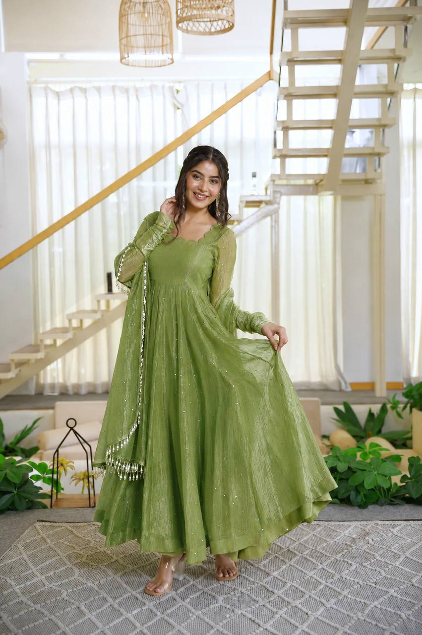 Designer Salsa Silk Gown with Pent & Dupatta Set
