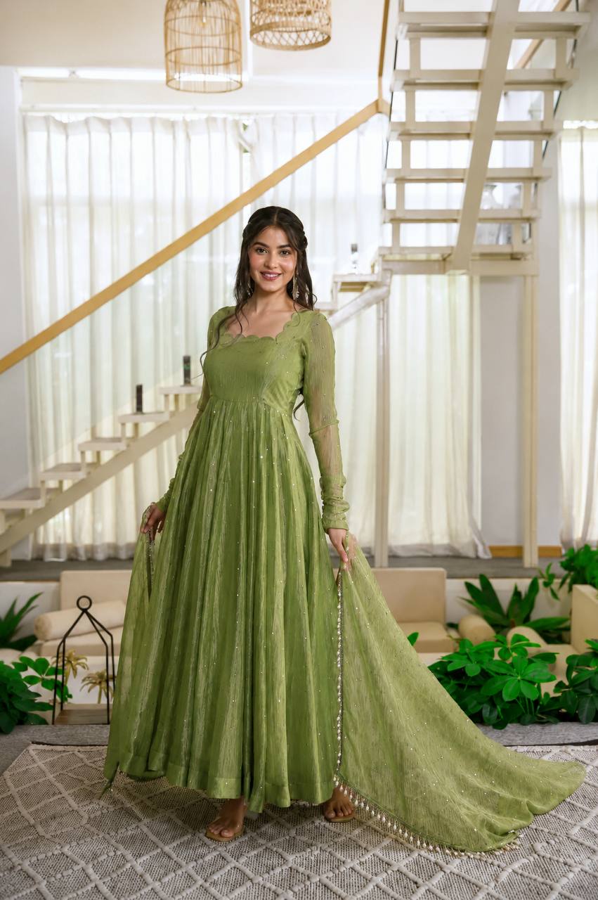 Designer Salsa Silk Gown with Pent & Dupatta Set