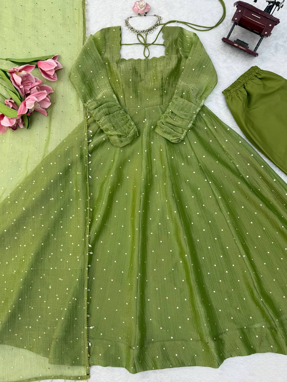 Designer Salsa Silk Gown with Pent & Dupatta Set