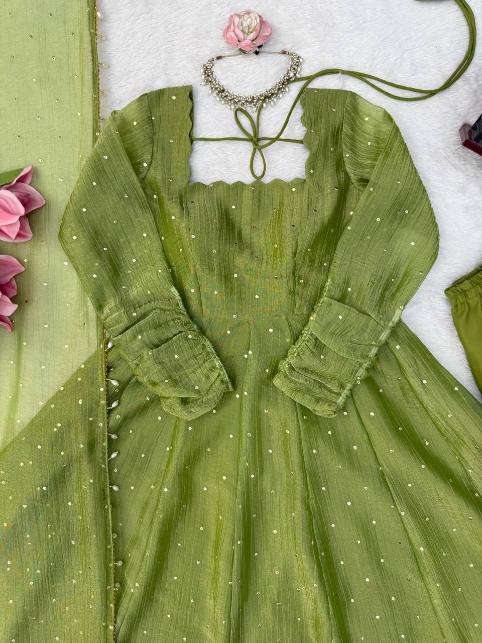 Designer Salsa Silk Gown with Pent & Dupatta Set
