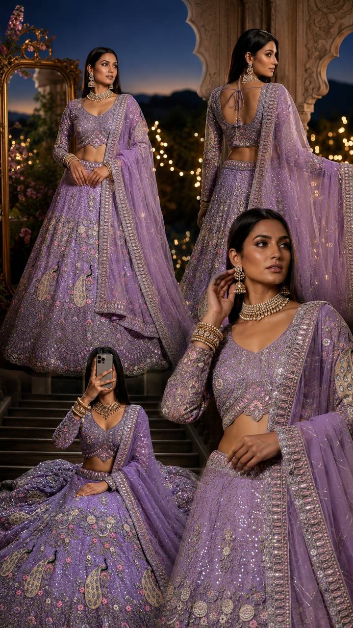 Soft Butterfly Net Lehenga with Coding Sequins Work &amp; Cancan Canvas Layers | Lavender