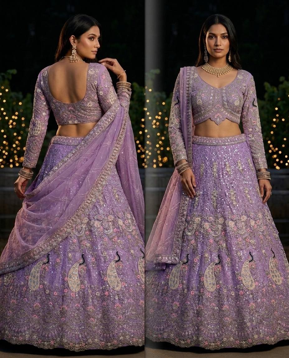 Soft Butterfly Net Lehenga with Coding Sequins Work &amp; Cancan Canvas Layers | Lavender