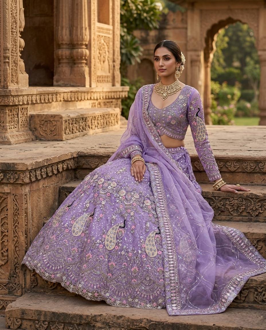 Soft Butterfly Net Lehenga with Coding Sequins Work &amp; Cancan Canvas Layers | Lavender