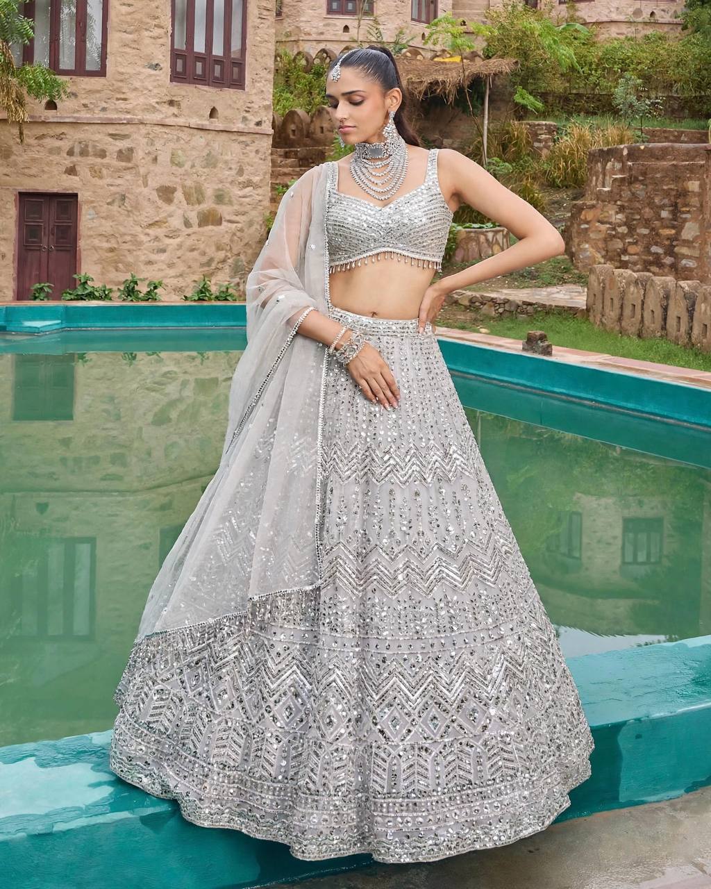 Premium Faux Georgette Lehenga with Sequins Embroidery &amp; Butterfly Net Dupatta