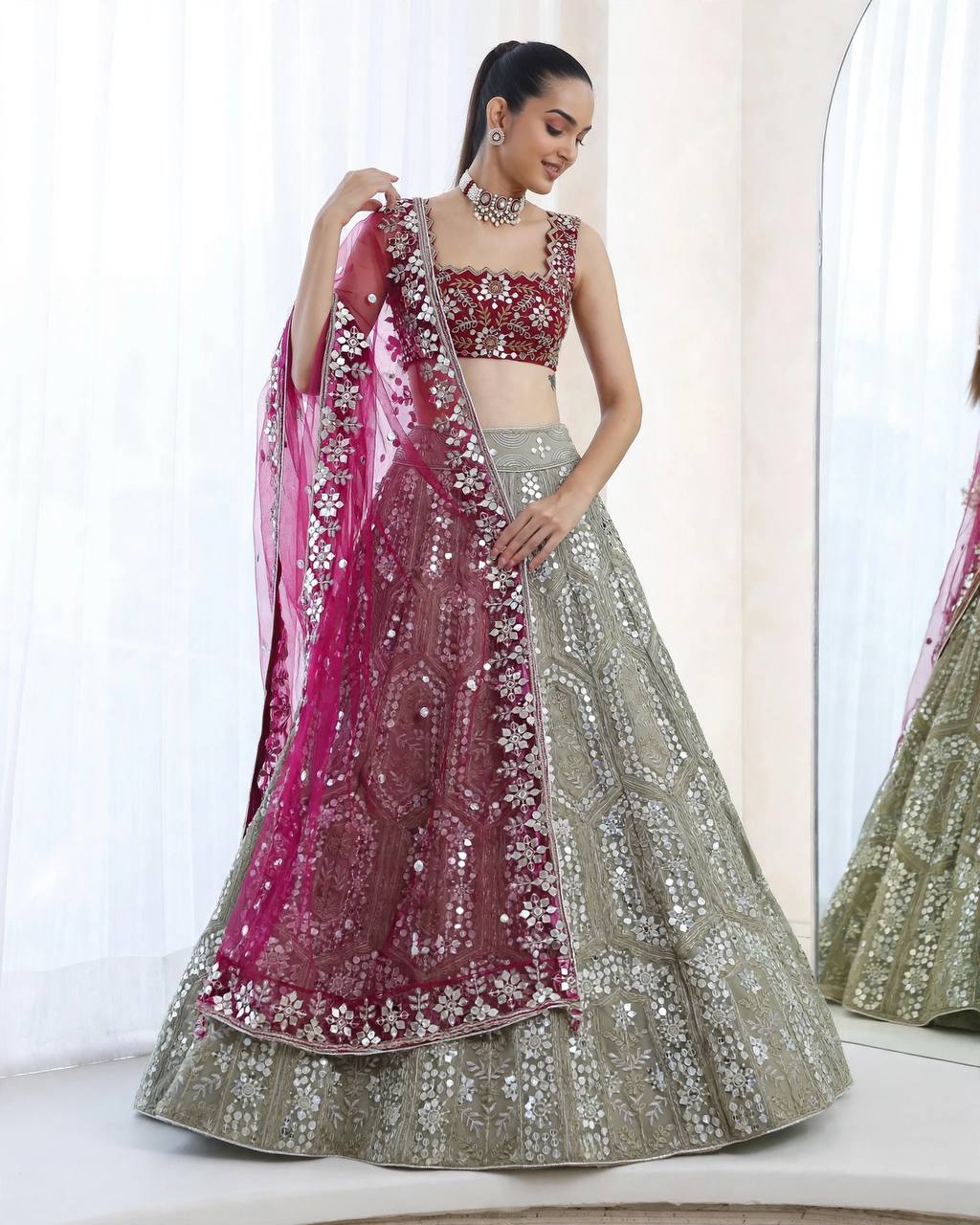 Premium Faux Georgette Lehenga with Sequins Embroidery &amp; Butterfly Net Dupatta