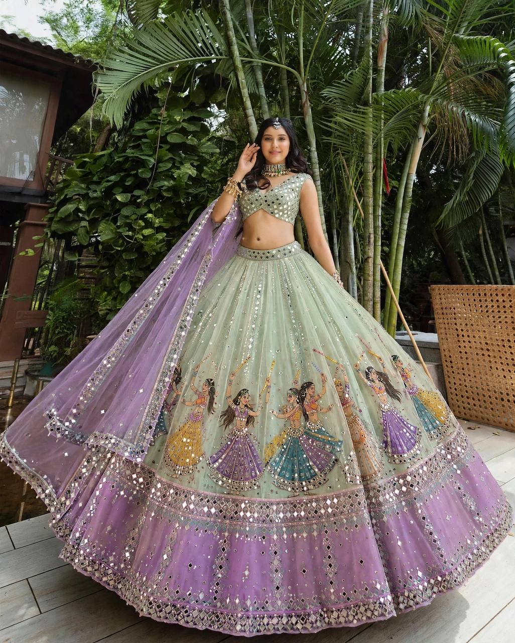 Navratri SpecialPremium Star Georgette Lehenga with Digital Print &amp; Real Mirror Work