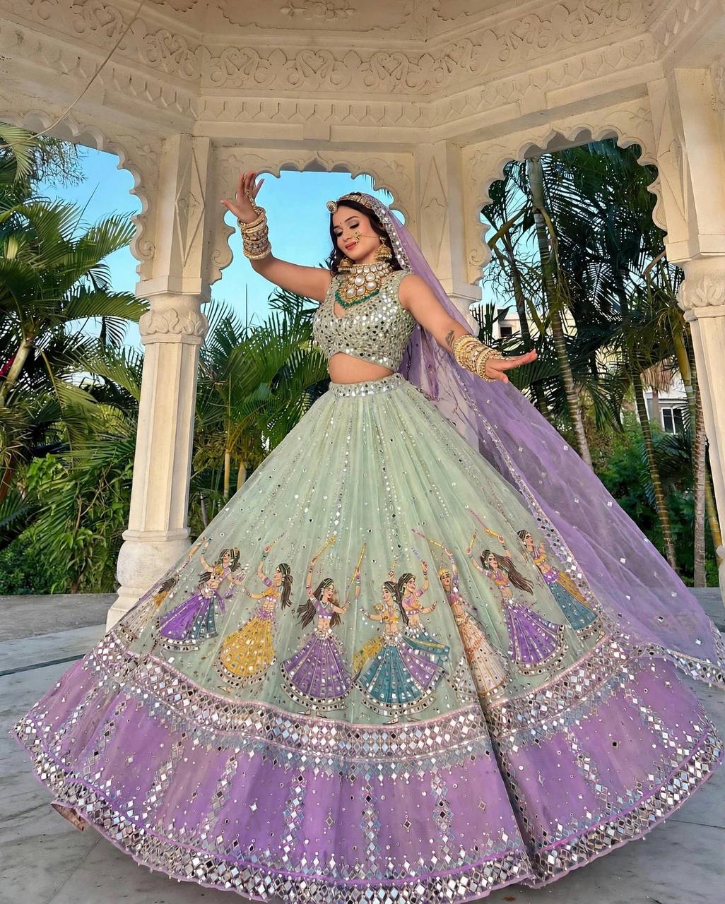 Navratri SpecialPremium Star Georgette Lehenga with Digital Print &amp; Real Mirror Work