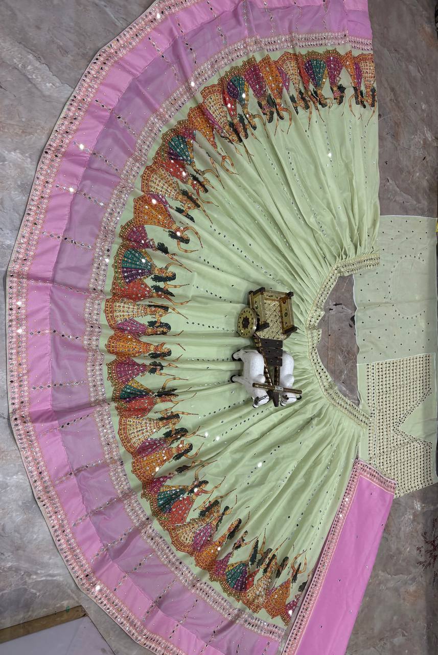 Navratri SpecialPremium Star Georgette Lehenga with Digital Print &amp; Real Mirror Work