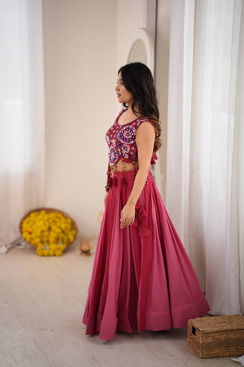 NAVRATRIHeavy Rayon Lehenga Choli with Fancy Lagdi Patta Lace &amp; Mirror Work | Fully Stitched