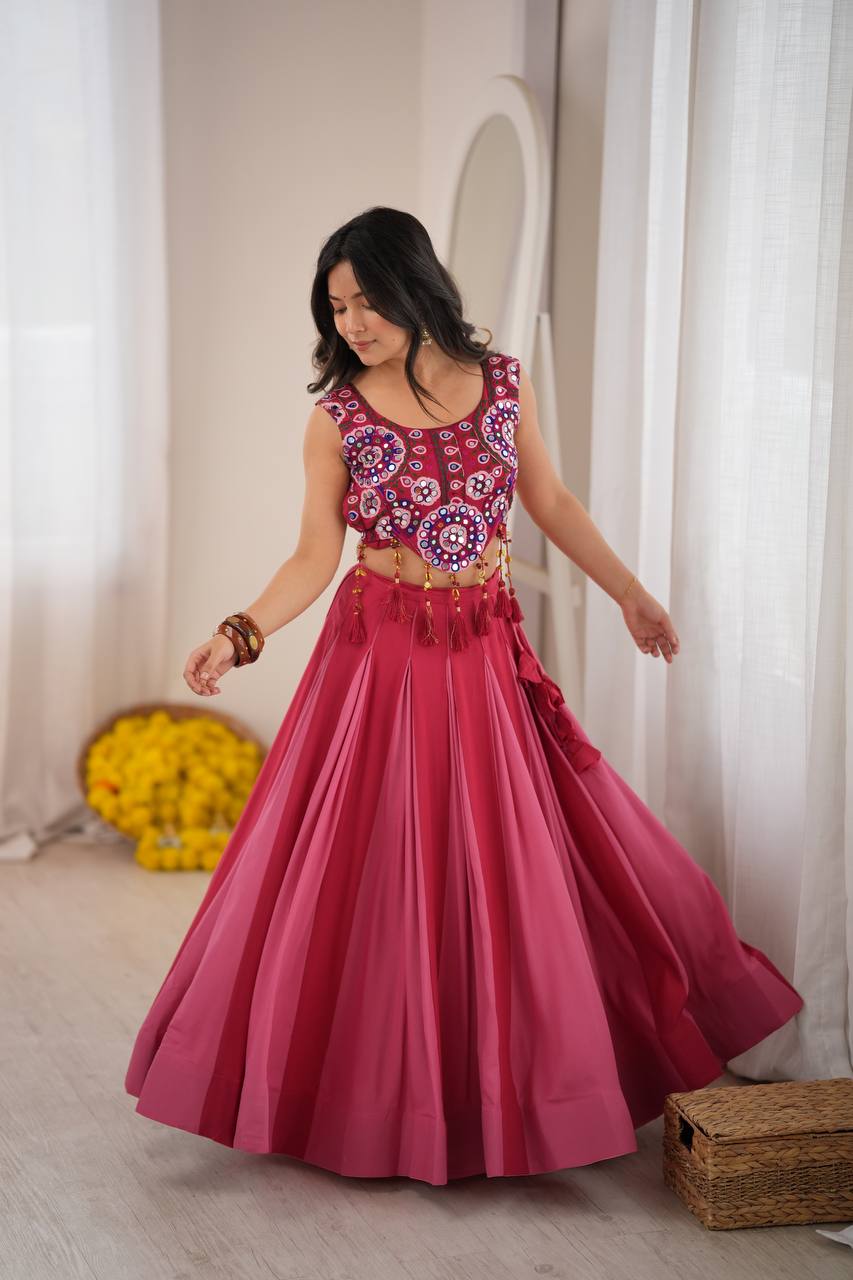 NAVRATRIHeavy Rayon Lehenga Choli with Fancy Lagdi Patta Lace &amp; Mirror Work | Fully Stitched
