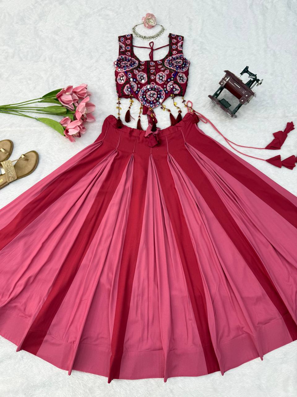 NAVRATRIHeavy Rayon Lehenga Choli with Fancy Lagdi Patta Lace &amp; Mirror Work | Fully Stitched