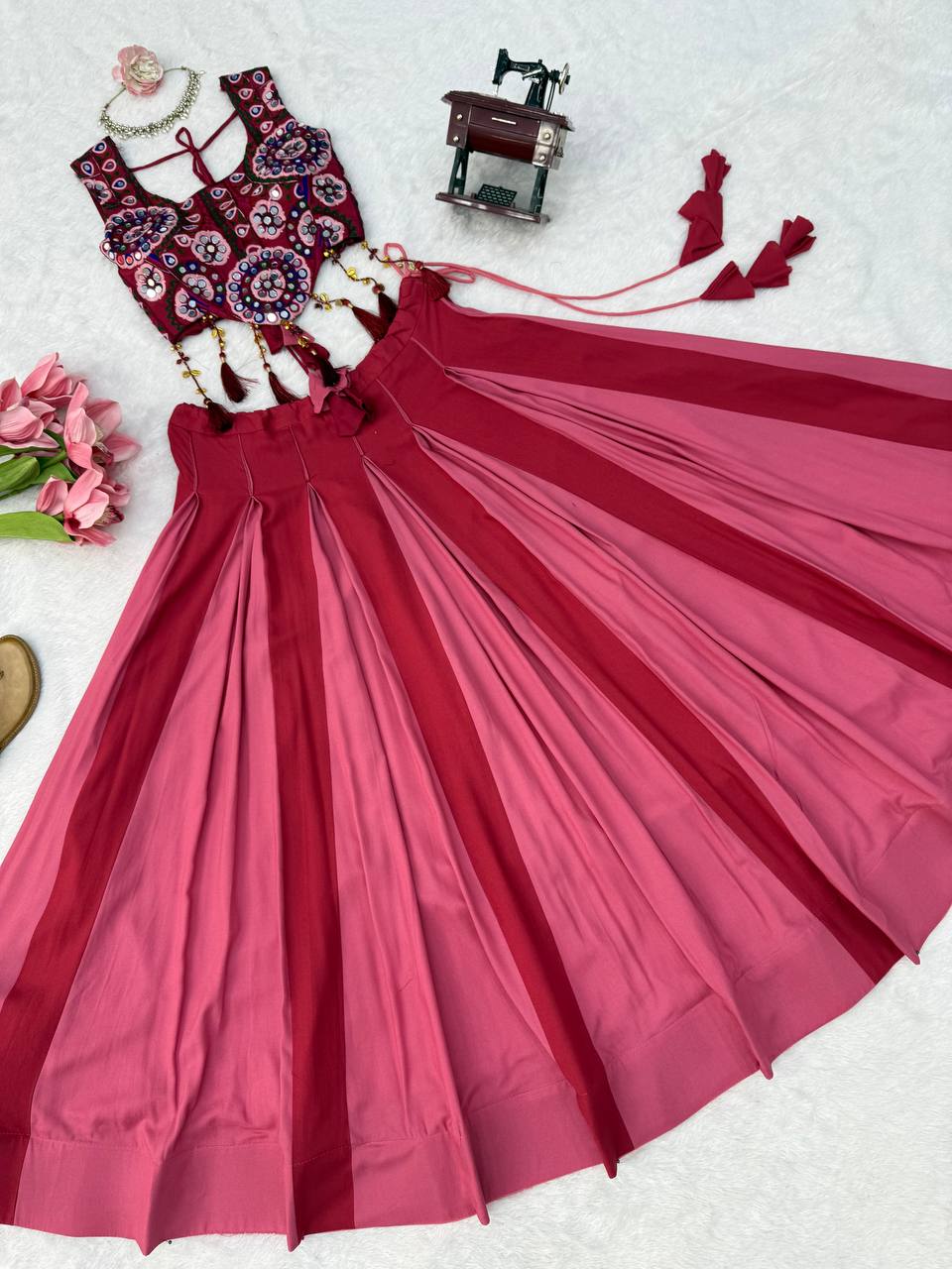 NAVRATRIHeavy Rayon Lehenga Choli with Fancy Lagdi Patta Lace &amp; Mirror Work | Fully Stitched