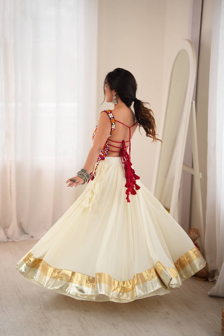 NAVRATRI Heavy Rayon Lehenga Choli with Fancy Lagdi Patta Lace &amp; Mirror Work
