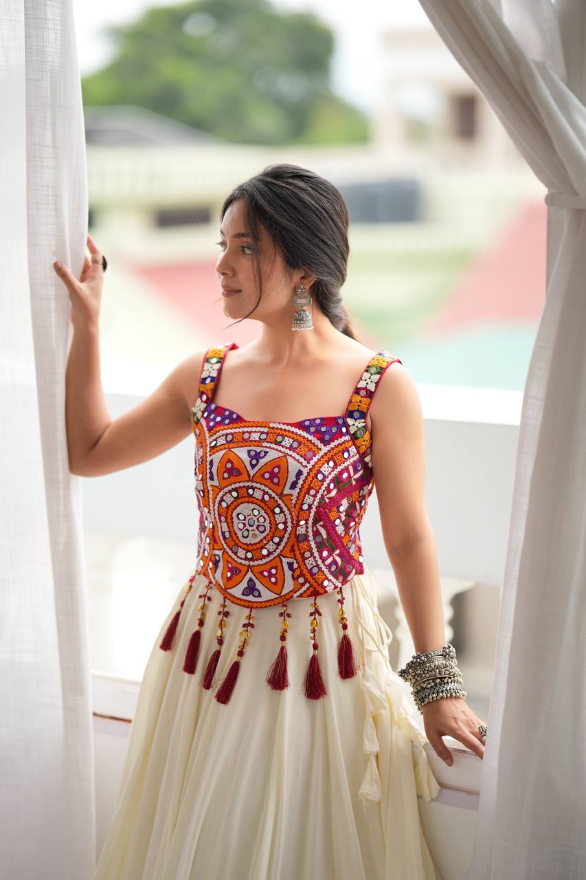 NAVRATRI Heavy Rayon Lehenga Choli with Fancy Lagdi Patta Lace &amp; Mirror Work