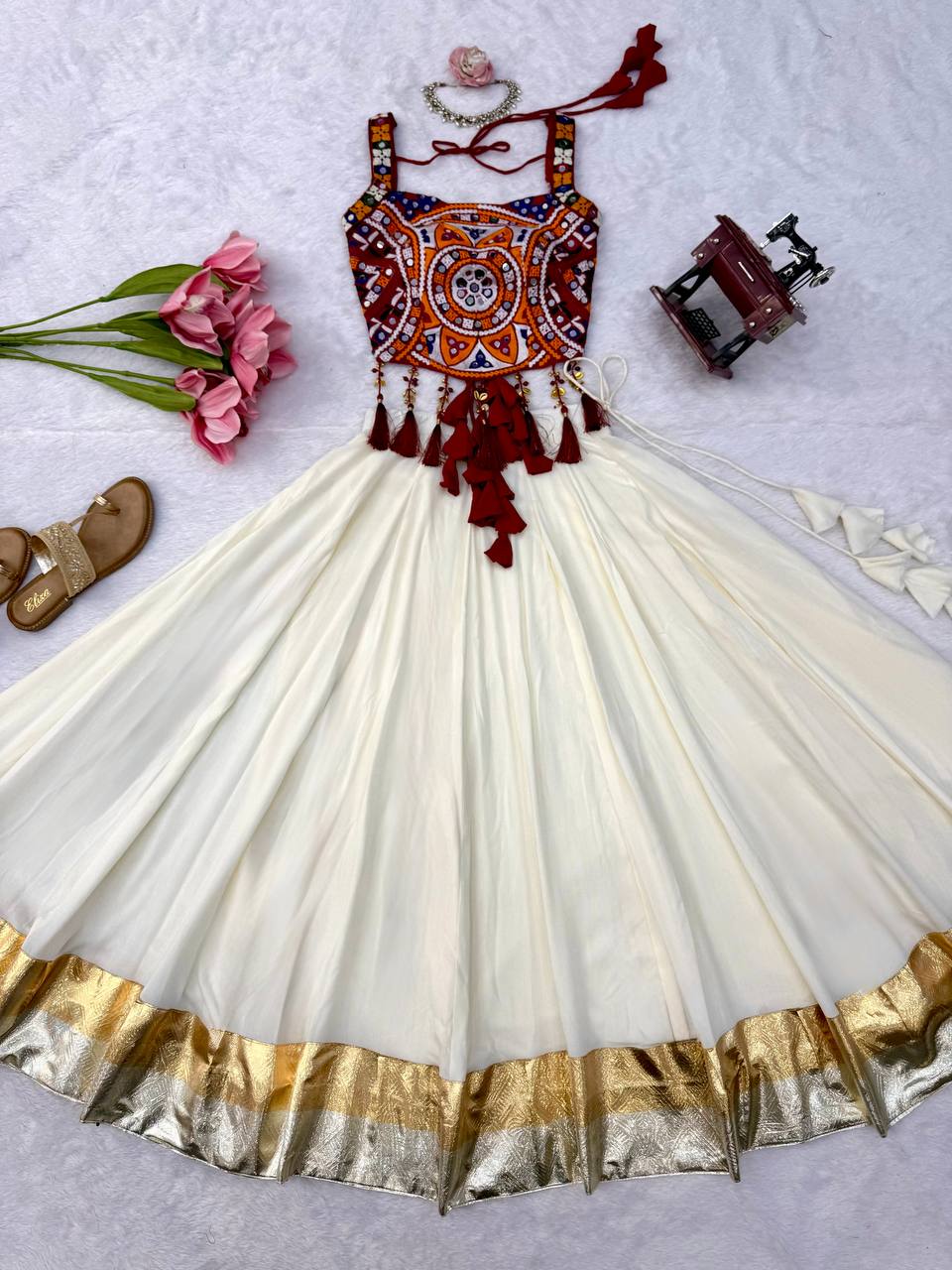 NAVRATRI Heavy Rayon Lehenga Choli with Fancy Lagdi Patta Lace &amp; Mirror Work