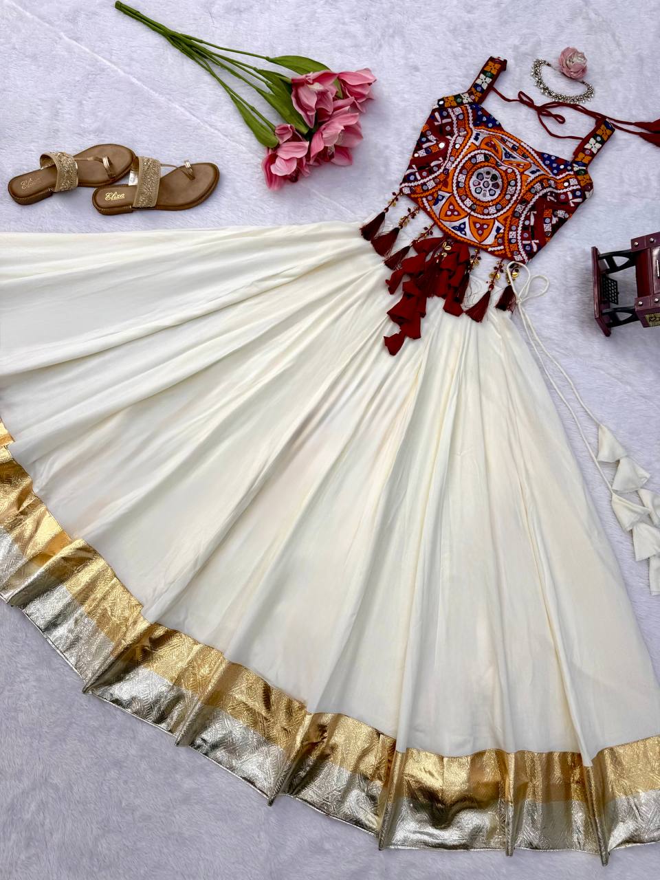 NAVRATRI Heavy Rayon Lehenga Choli with Fancy Lagdi Patta Lace &amp; Mirror Work