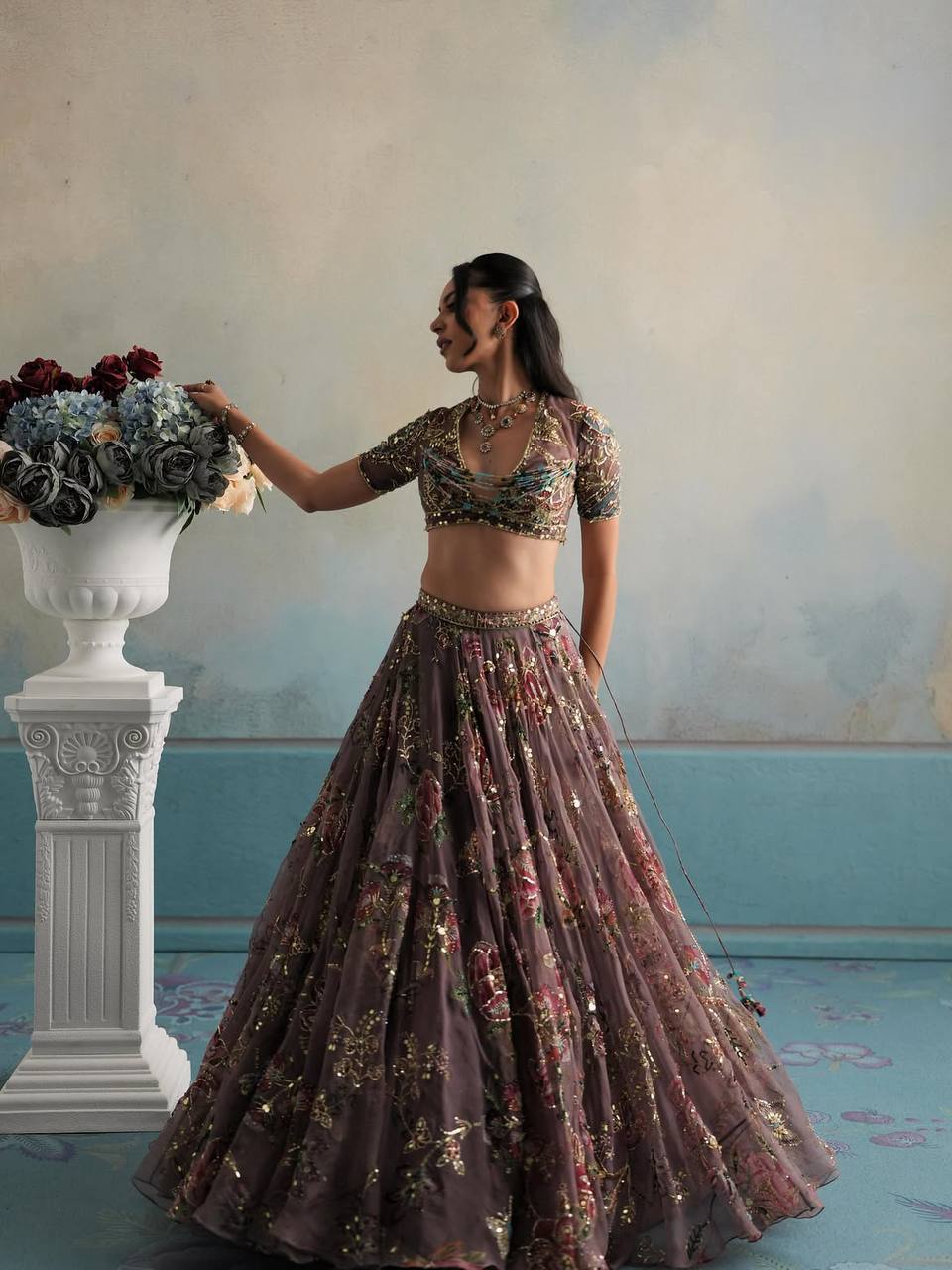 Georgette Lehenga with Digital Print &amp; Sequence Figure Work | Can-Can Canvas Layers