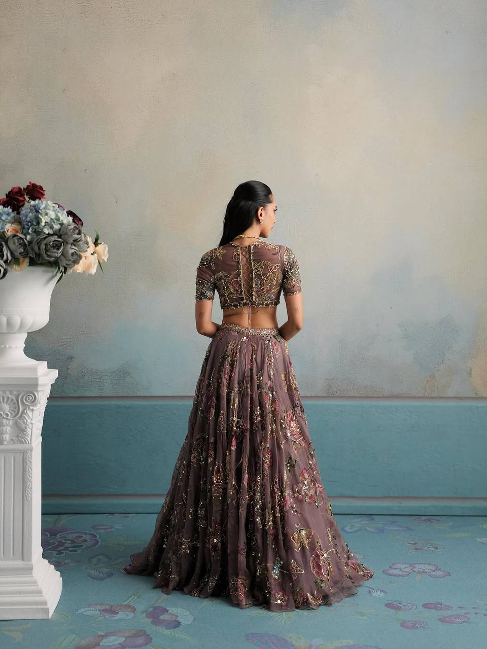 Georgette Lehenga with Digital Print &amp; Sequence Figure Work | Can-Can Canvas Layers