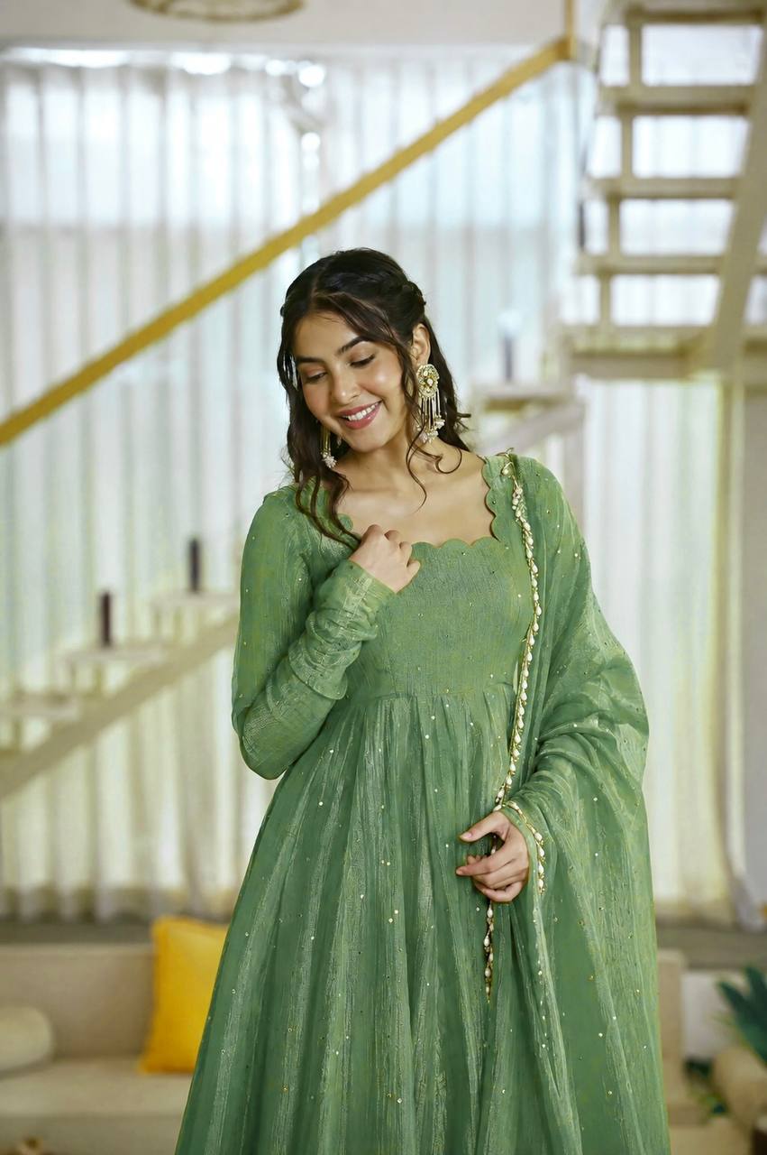 Gown with Pent &amp; Dupatta Set – Elegant Ethnic Wear with Foil Work