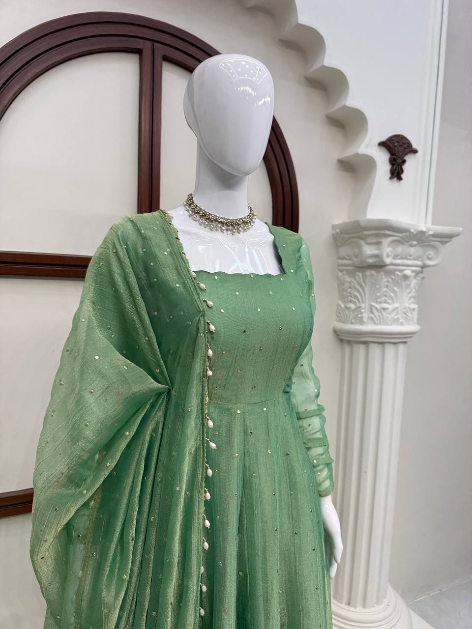 Gown with Pent &amp; Dupatta Set – Elegant Ethnic Wear with Foil Work