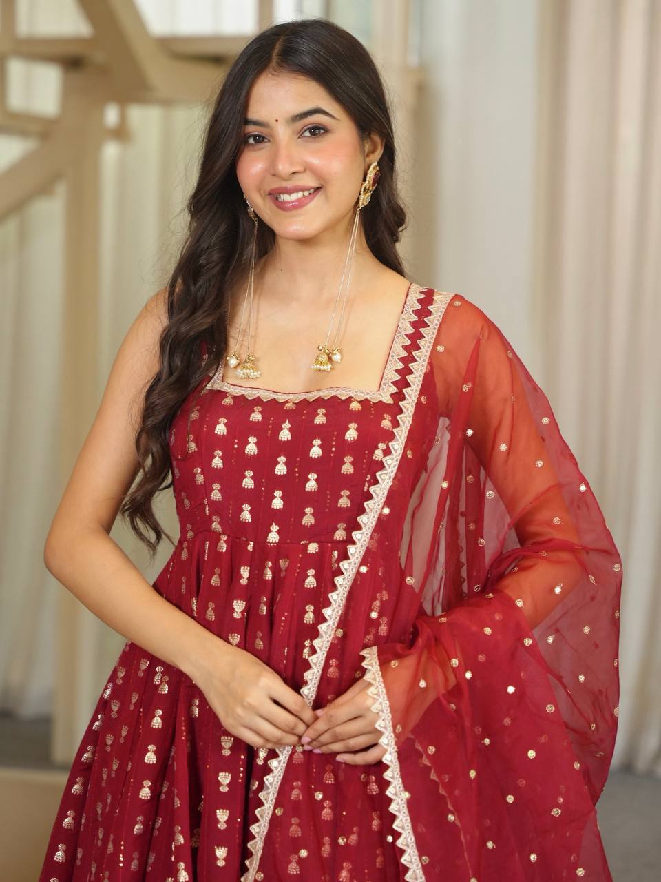 Anarkali Set with Fancy Lace &amp; Butterfly Net Dupatta