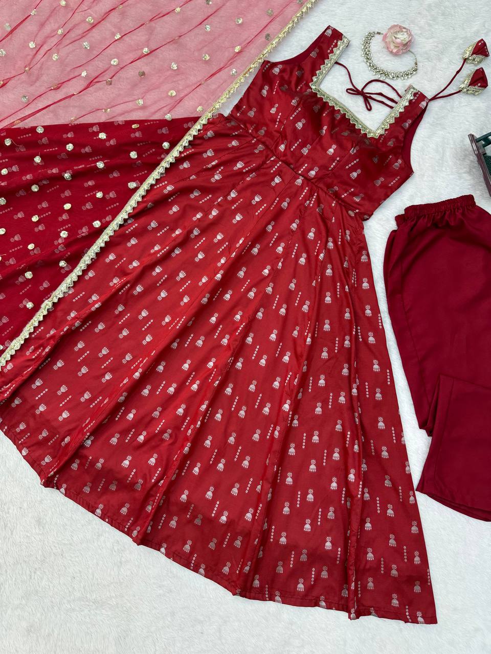 Anarkali Set with Fancy Lace &amp; Butterfly Net Dupatta