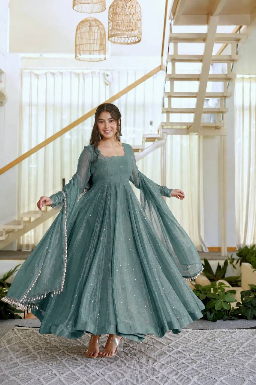 Gown with Pent &amp; Dupatta Set – Elegant Ethnic Wear with Foil Work
