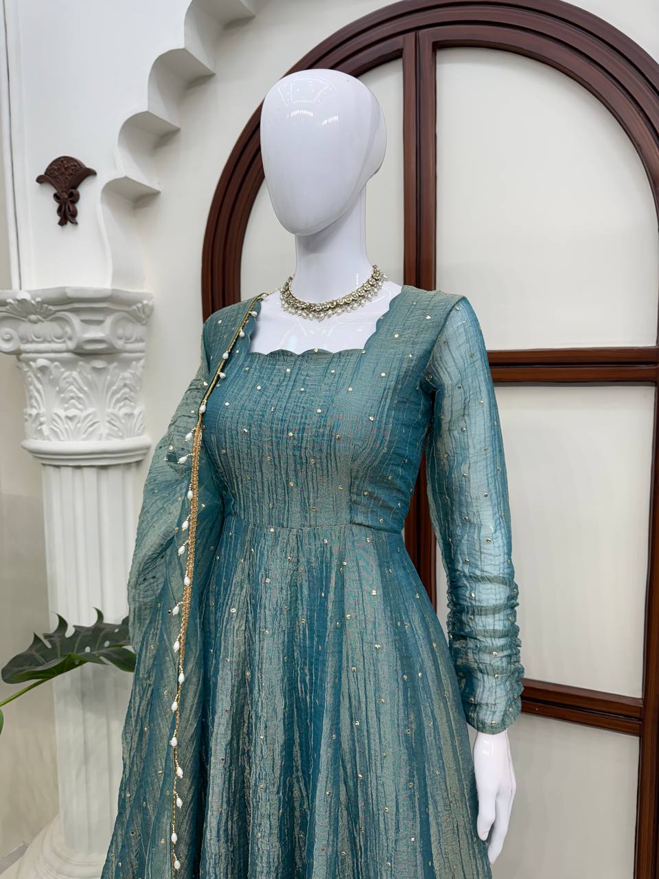Gown with Pent &amp; Dupatta Set – Elegant Ethnic Wear with Foil Work