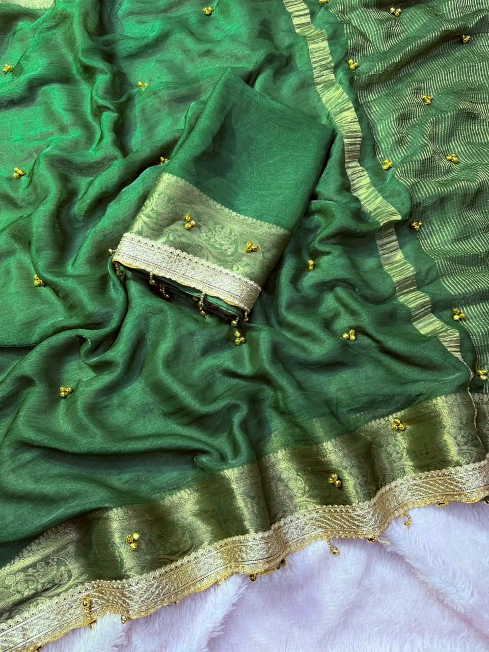 VIRAL- 2Fancy Chiffon Saree Ghungroo Hand Work Moti Lace with Blouse