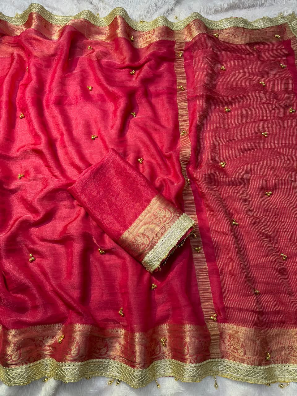 VIRAL- 2Fancy Chiffon Saree Ghungroo Hand Work Moti Lace with Blouse
