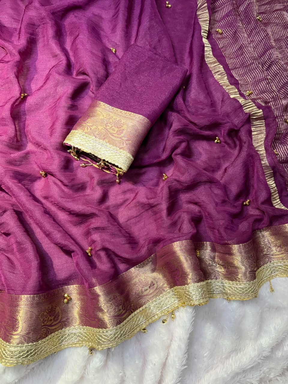 VIRAL- 2Fancy Chiffon Saree Ghungroo Hand Work Moti Lace with Blouse