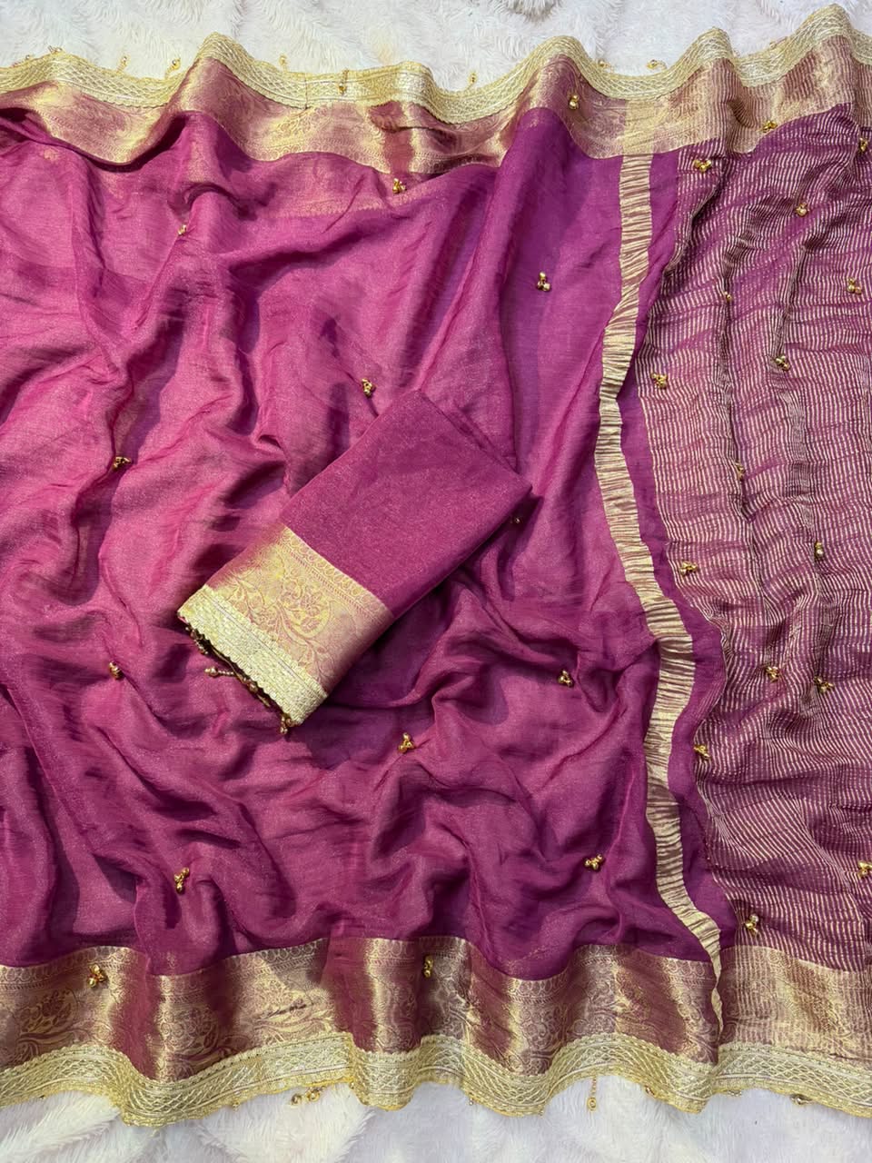 VIRAL- 2Fancy Chiffon Saree Ghungroo Hand Work Moti Lace with Blouse