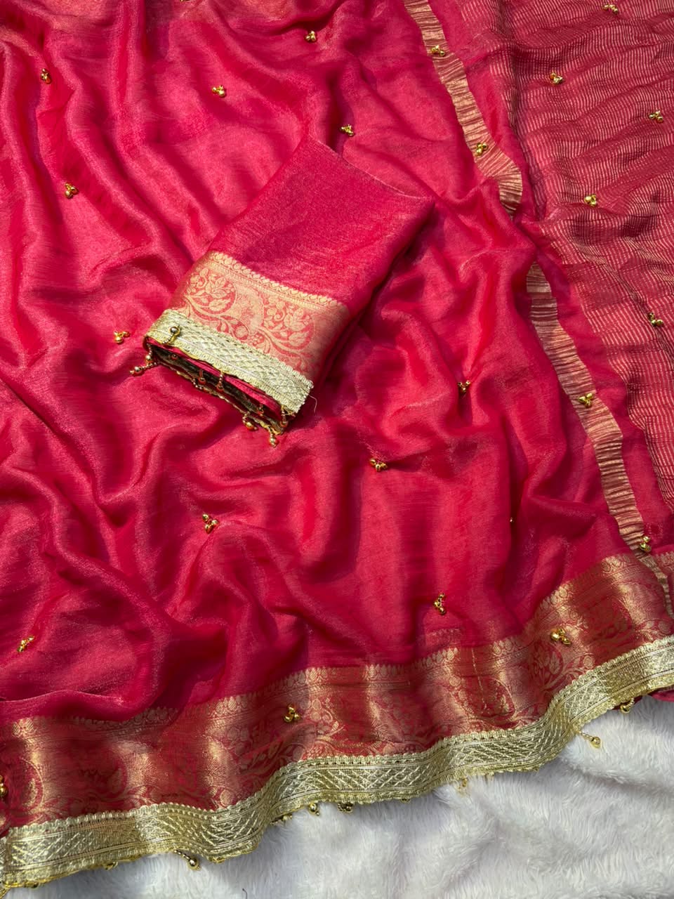VIRAL- 2Fancy Chiffon Saree Ghungroo Hand Work Moti Lace with Blouse