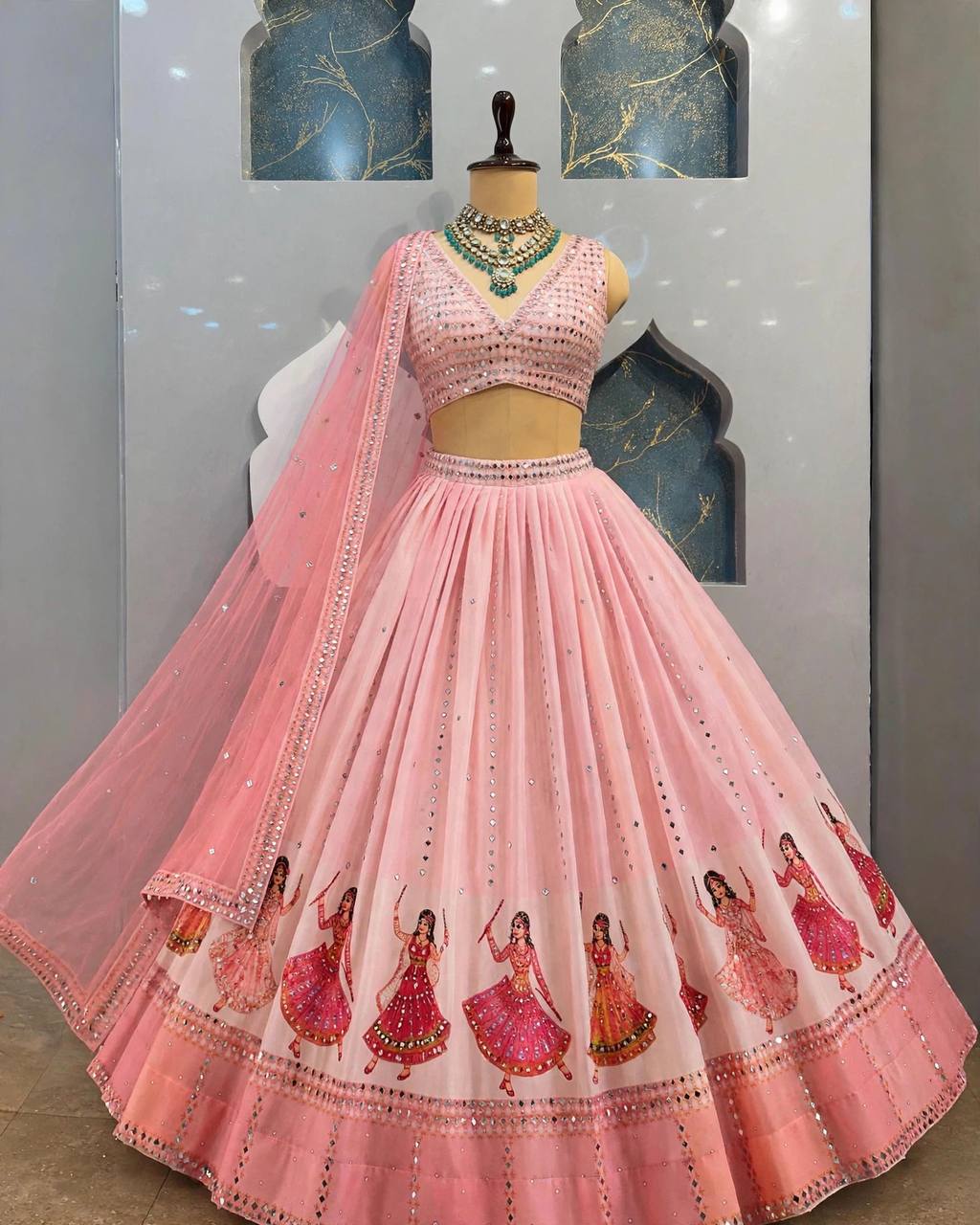 Navratri SpecialPremium Star Georgette Lehenga with Digital Print &amp; Real Mirror Work