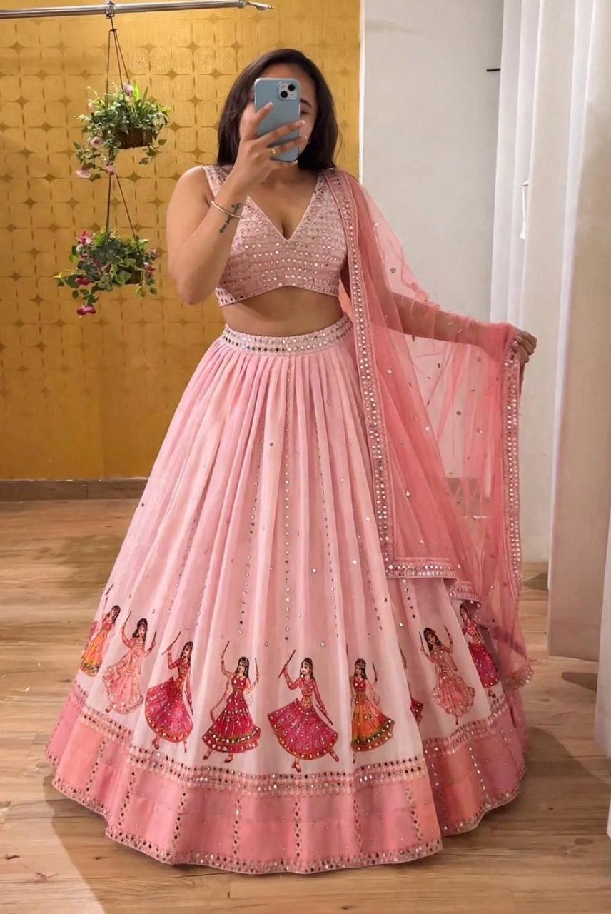 Navratri SpecialPremium Star Georgette Lehenga with Digital Print &amp; Real Mirror Work