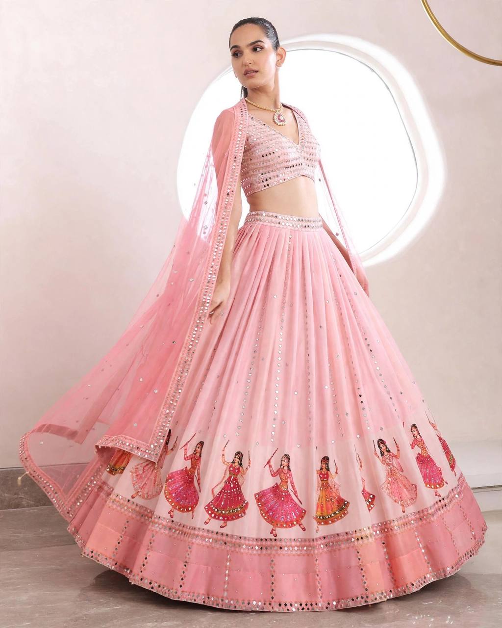 Navratri SpecialPremium Star Georgette Lehenga with Digital Print &amp; Real Mirror Work