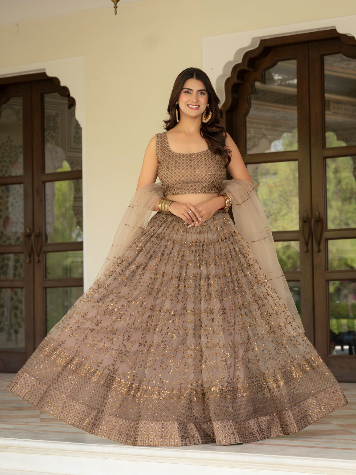 Brown Sequins Embroidered Lehenga Choli with Dupatta for Women Party Wear